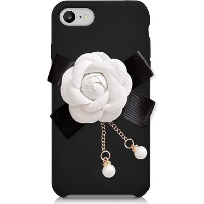 Coque pour iPhone 7/8 silicone liquide noir camélia blanc