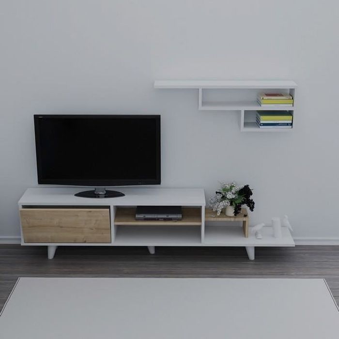 HOMEMANIA Doruk Meuble TV avec étagères, portes, tablettes - du salon -Blanc, Chêne en Bois, 180 x 29,5 x 45 cm
