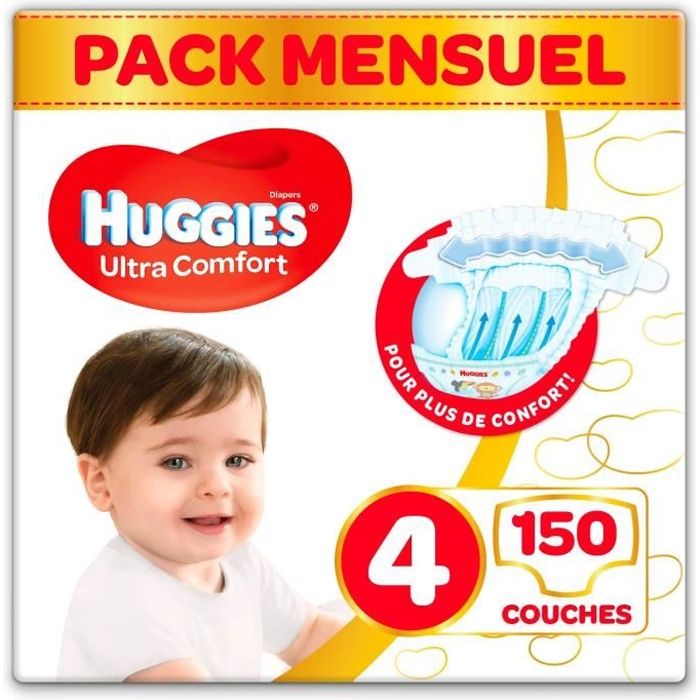 Huggies - Ultra Comfort - Couches Bébé Unisexe - Taille 4 (7-18 kg) x150 Couches - Pack 1 Mois - 25646