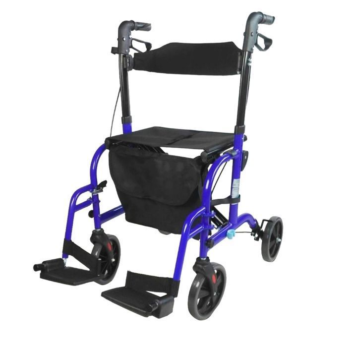 Déambulateur et fauteuil roulant pliable - 2 en 1 - Hauteur réglable avec panier et siège - Bleu - Picasso - Mobiclinic
