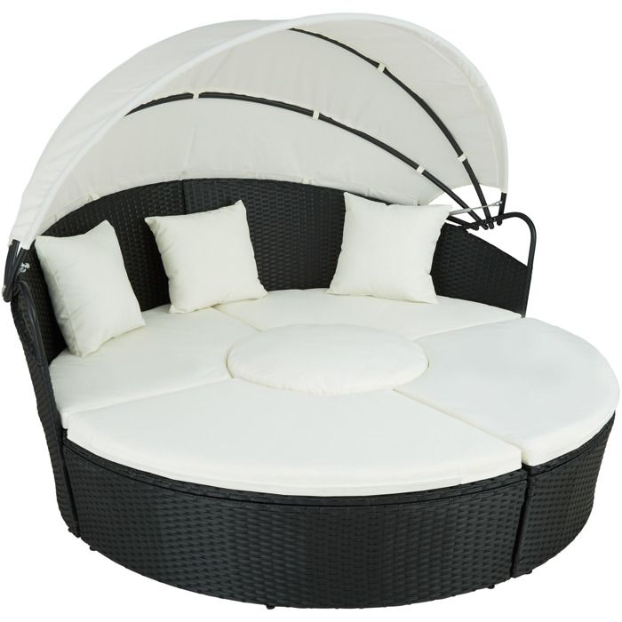 TECTAKE Lit de Jardin SANTORIN extérieur Modulable en Salon en Résine tressée + Pare Soleil réglable Noir