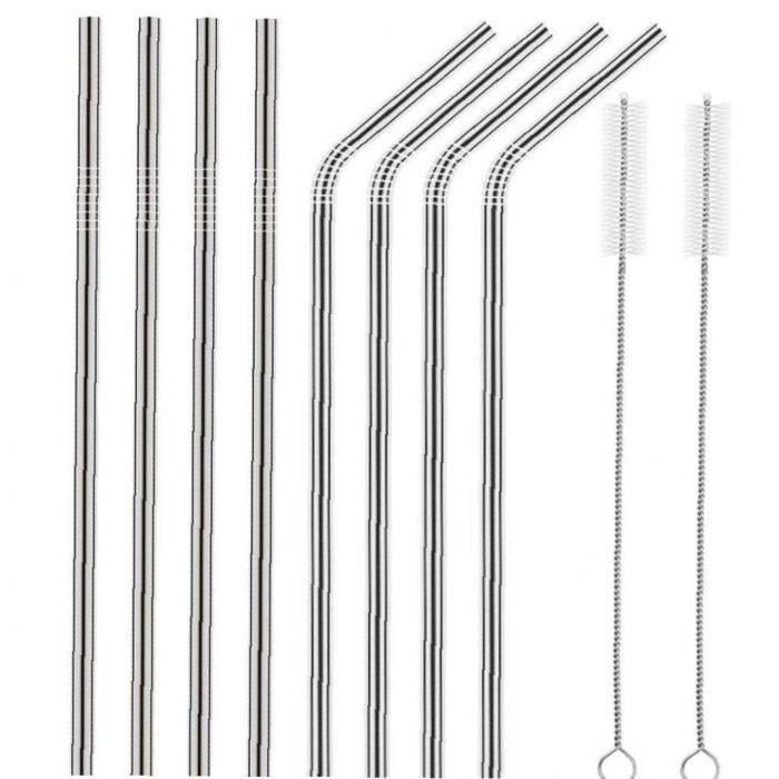 Pailles métalliques en acier inoxydable 12 pcs avec 2 brosses de nettoyage Boisson incurvée réutilisable argent 8mm