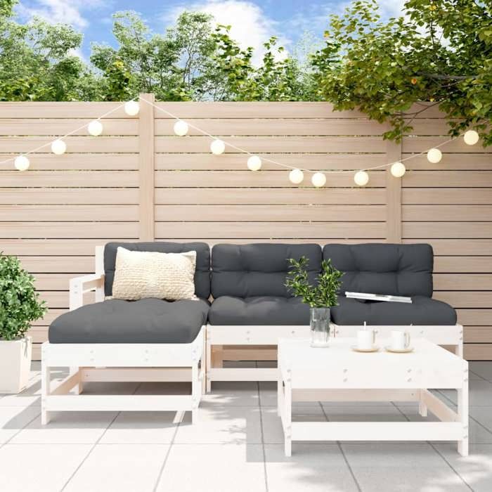 vidaXL Salon de Jardin 5 pcs Canapés avec Repose-pied Ensemble de Meubles avec Table Basse Patio Terrasse Rustique Blanc