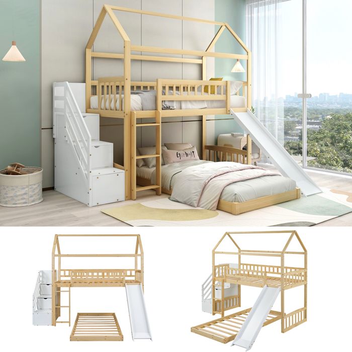 lit mezzanine - 90x200 cm - escalier de rangement avec mains courantes - barrières de sécurité enfant - pin - naturel et blanc