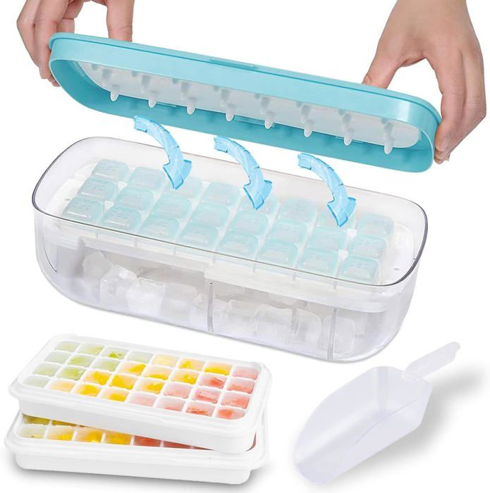 Bac à Glaçons Avec Couvercle Et Pelle - 56 Glaçons Carrés - Double Couche Empilable - Matière PET/TPE - Démoulage Par Pression - Blanc