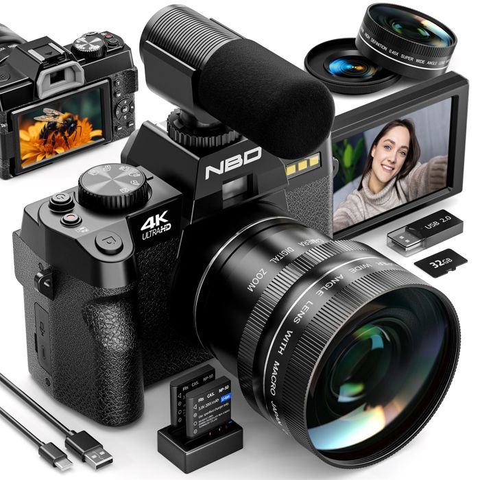 Appareil photo numérique 48MP 4K Zoom numérique 16x Écran flip 3 180° Grand-angle — Noir