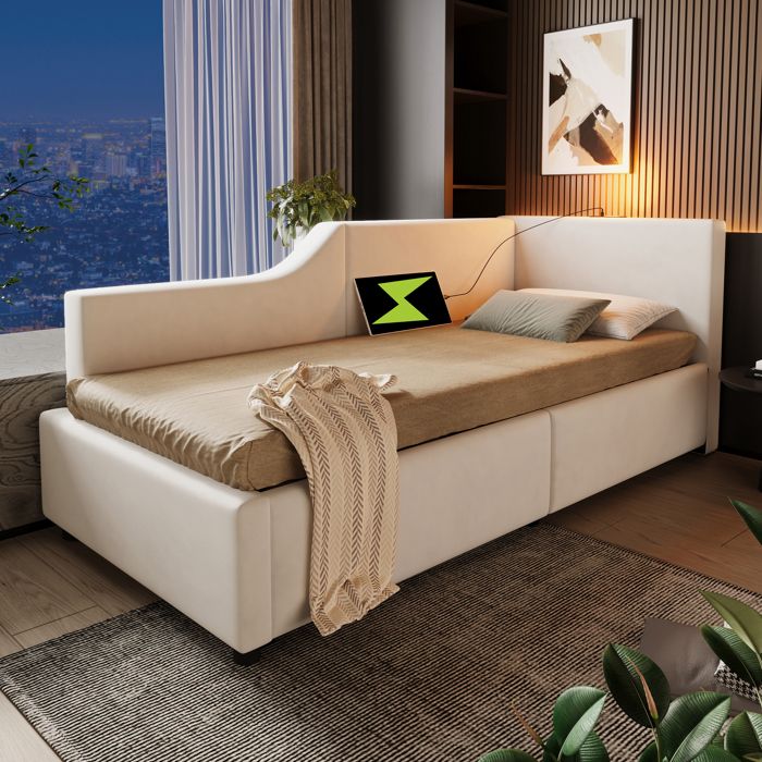 Lit coffre 90x200cm - Velours - Beige - Liseuse intégrée - Ports USB-C - Sommier à lattes Lit coffre 90x200cm - Velours - Beige - Liseuse intégrée - Ports USB-C - Sommier à lattes
