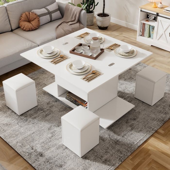Table basse avec 4 Chaises Plateau Relevable-Compartiment Rangement Table à manger salon Moderne-Design 100x50x48cm Blanc