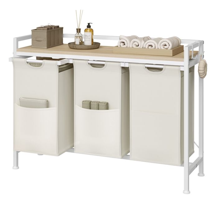 Panier à Linge WOLTU - Meuble Étagère en Métal - 3 Compartiments - Sac en Tissu Oxford Amovible - Blanc+Chêne Clair