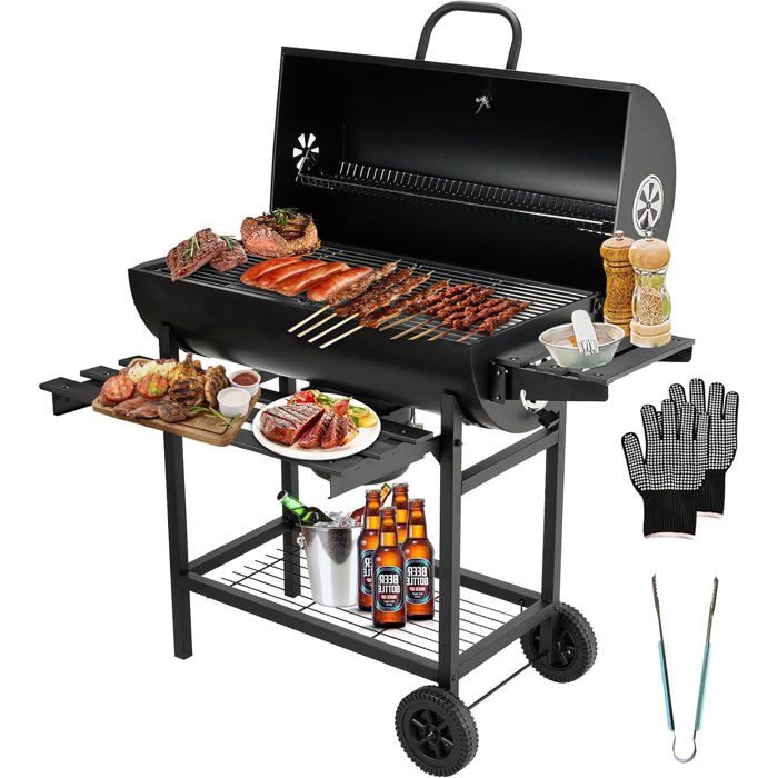 Barbecue à charbon sur chariot - TEENO - TEENO - Surface 70x35 cm - Couvercle avec thermomètre - Tiroir à cendres