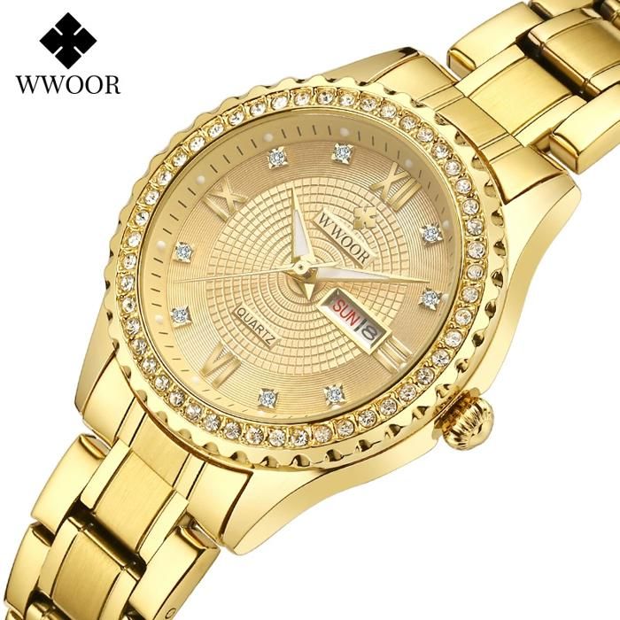 WWOOR Montres Homme Acier Marque de Luxe Homme Lumineuse Calendrier Montres Horloge Homme Or