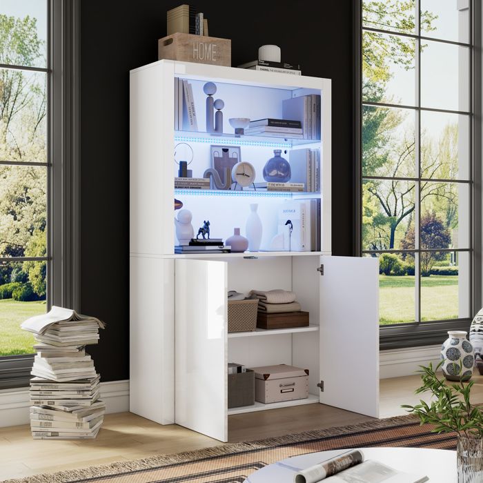 Vitrine haute brillance 100x35x170 cm - Avec éclairage LED - 2 portes - Plateau en verre trempé - Blanc Vitrine haute brillance 100x35x170 cm - Avec éclairage LED - 2 portes - Plateau en verre trempé - Blanc