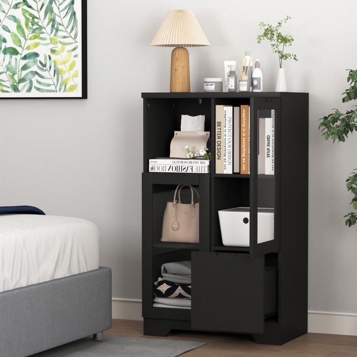 Buffet De Cuisine Armoire MDF laqué noir 65x30x100cm portes/tiroirs verre rangement ouvert pour chambre salon