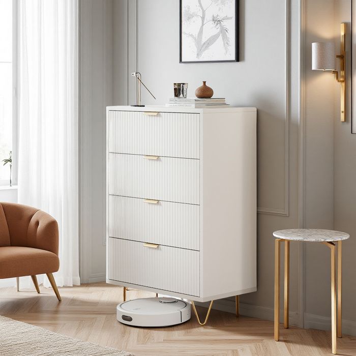 Commode 4 tiroirs blanche L60 x P34 x H91 cm — pieds acier inox anti-basculement