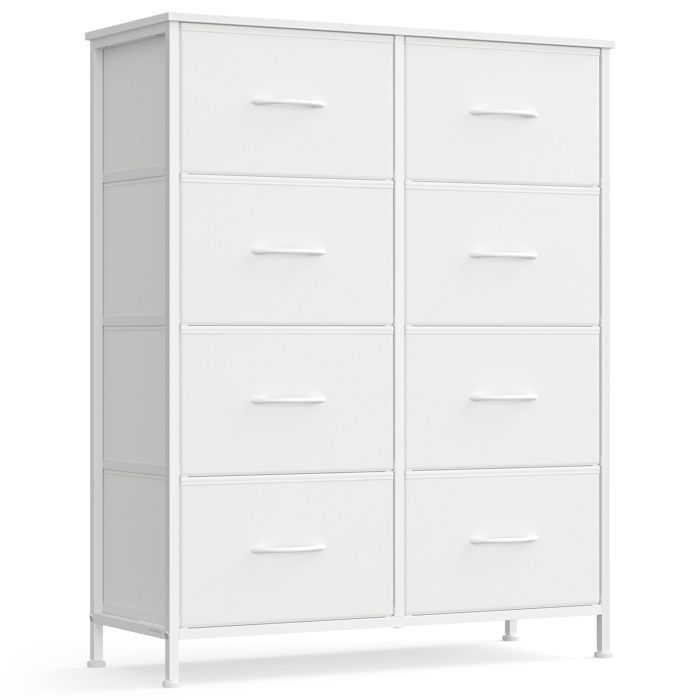 Commode - 8 Tiroirs - Blanc Nuage et Blanc Neige - Acier - MDF - Tissu non-tissé