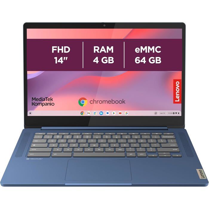 Lenovo IdeaPad Slim 3 Chrome - Chromebook 14'' FHD, MediaTek Kompanio 520, 4Go RAM, 64Go SSD, Bleu, Clavier AZERTY