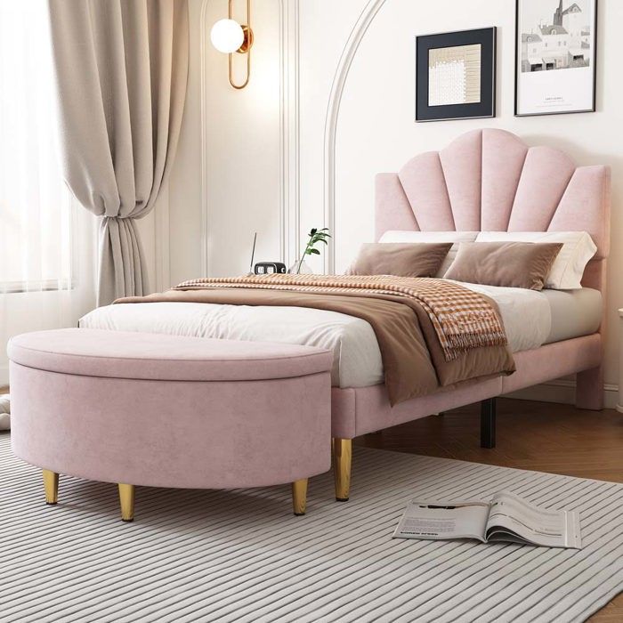 Lit coffre - Modèle Coquillage - 90 x 200 cm - Tête de lit réglable - Tissu velours rose - Avec banc de rangement