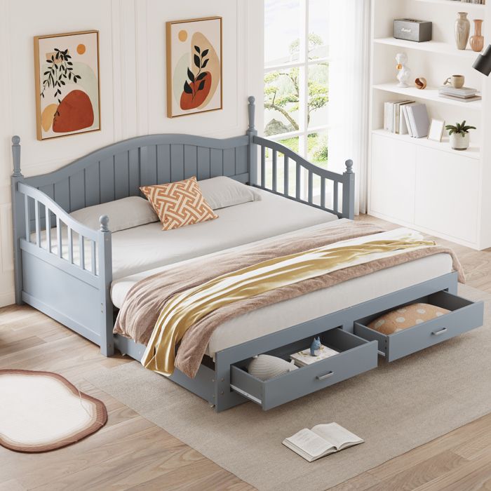 Canapé-lit - Modèle extensible 90/180 x 190 cm - Sommier à lattes - Tiroirs de rangement - Pin gris