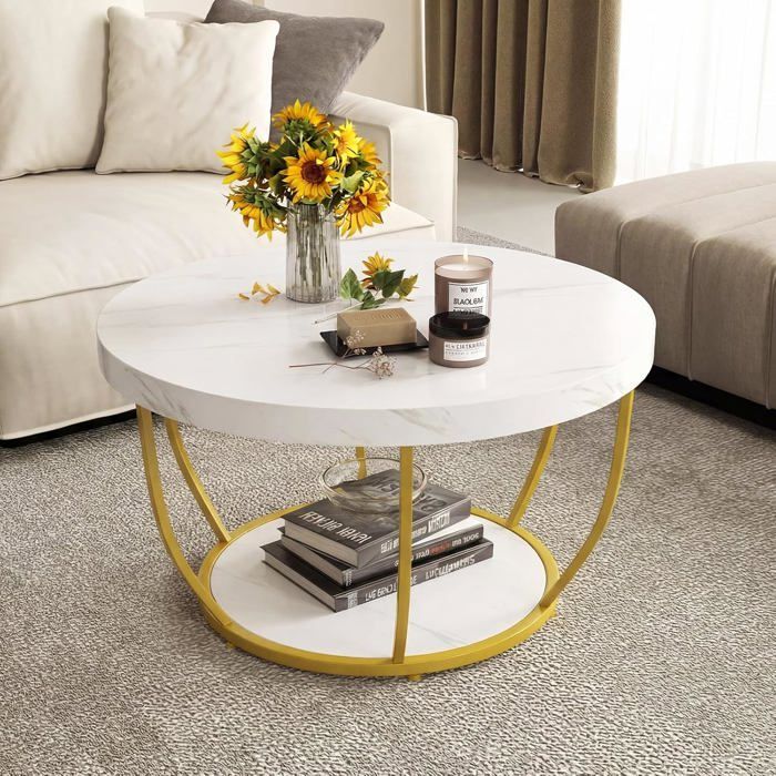 Table Basse Salon 80cm à 2 Niveaux COSTWAY Cadre en Métal Table Basse Bois de Cocktail Table Ronde dAppoint pour Chambre Blanc