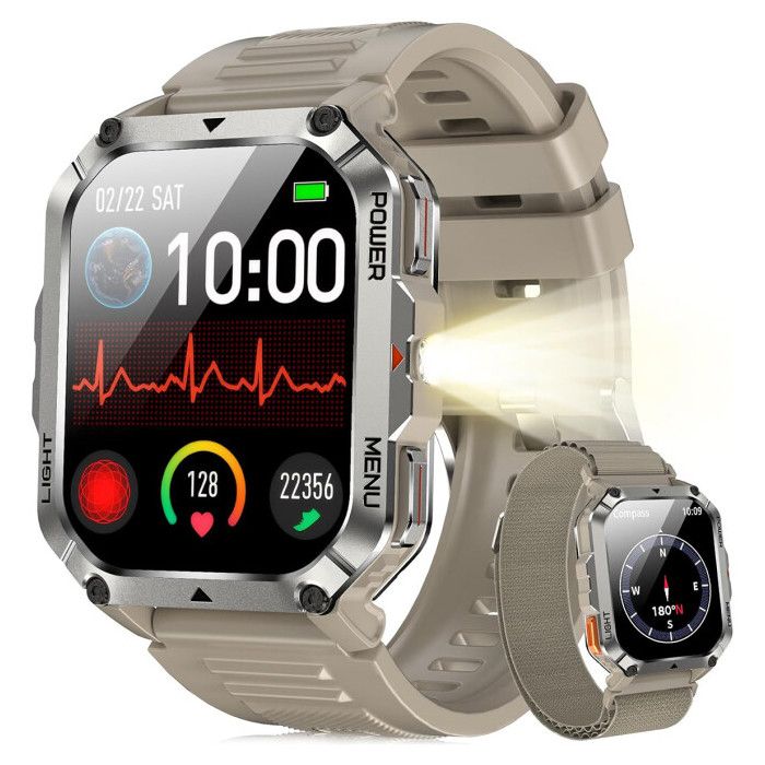 Blackview W70 Pro Montre Connectée 900 mAh Écran Tacile 2.01 Appel Bluetooth Illumination Boussole 100+ Modes Sport Kaki