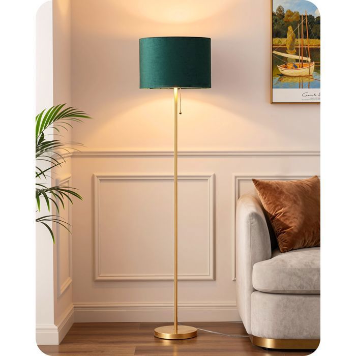 EDISHINE Lampadaire Salon Lampe sur Pied Moderne avec Abat-jour en Velours Vert Ampoule E27 LED 2700K fournie 145 cm