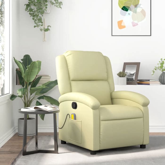 NEW 2026 Fauteuil Massant inclinable - Chaise simple - Multifonctionnel - crème cuir véritable 71x86.5x99.5 cm L3433