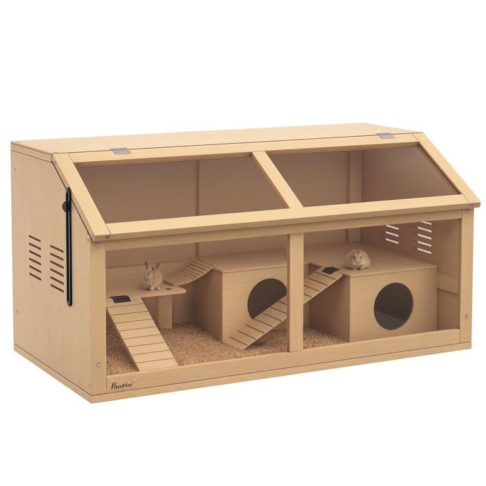 Meilleurs prix pour Cage pour hamster - PawHut - avec acrylique ventilation couvercle ouvrant et accessoires - bois - 85x45x44cm - effet bois naturel