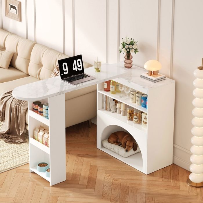 Table Bar Extensible 120-180 cm Blanche Effet Marbre Îlot de Cuisine Pivotant avec Rangement et Niche Animal