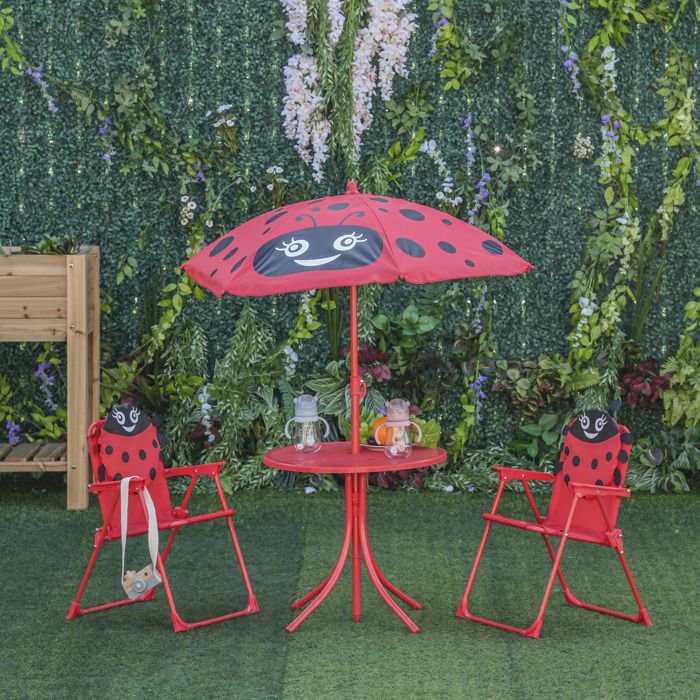 Ensemble salon de jardin enfant - AKOZON - Design grenouille - 4 pièces - Métal époxy anti-corrosion - Parasol motif grenouille