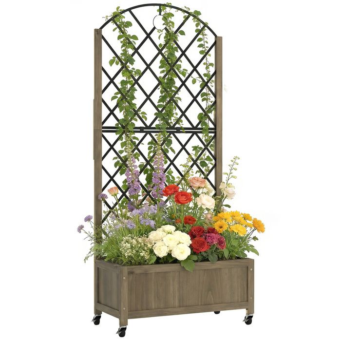 Jardinière avec treillis - Outsunny - treillis en acier - roulettes verrouillables - bois - finition carbonisée