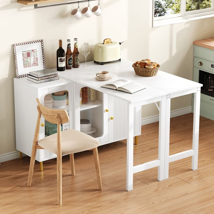 Buffet Haut de Cuisine Blanc avec Table Extensible Pieds Métal Doré Portes Coulissantes en Verre 122x116x82 cm
