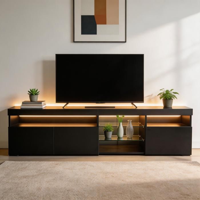 Meuble TV - Moderne 180 cm - Noir brillant - LED couleur variable - 3 portes 3 étagères