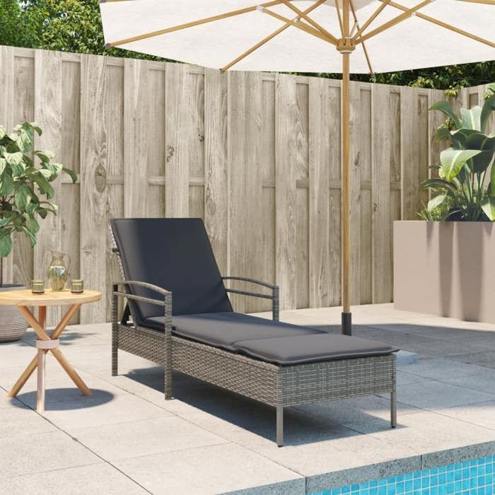 Gris Siège de jardin - Chaise longue - 1 PLACE - avec coussin gris 63x200x81 cm résine tressée C6099