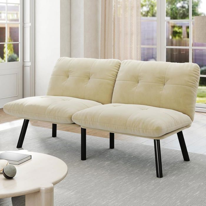 Canapé-lit 2 places 5 positions réglables tissu blanc style futon idéal pour salon et appartement Blanc
