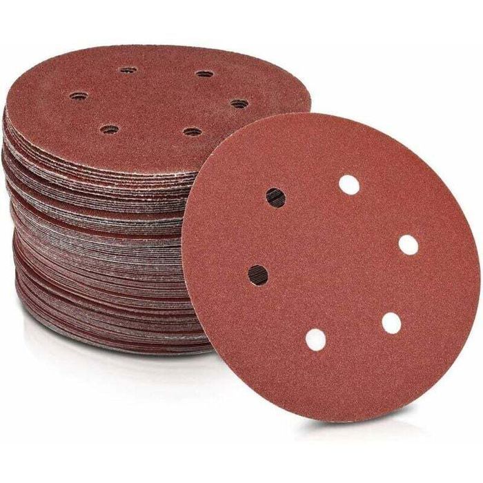 Disques abrasifs en papier Ø 125 mm Grain 240 6 trous en rouge Papier abrasif pour ponceuses plaques de plâtre Lot de 50 disques
