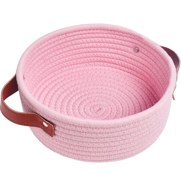 Panier De Rangement Rond En Corde De Coton Mini Corbeille Avec Poignées Organiseur Étagère Salle De Bain Rose XS 20x20x8 cm
