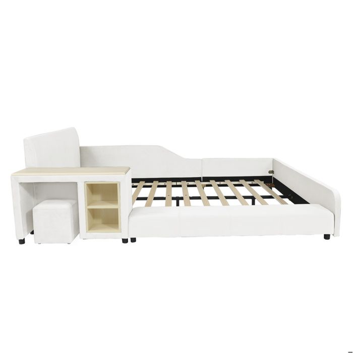 Lit combiné enfant 140 x 200 cm avec bureau tabouret et rangement ouvert velours blanc