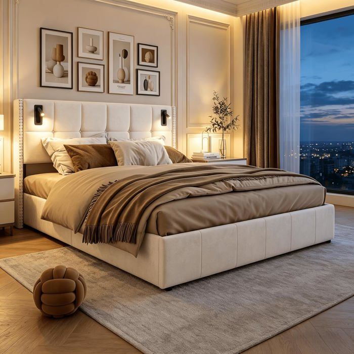 Lit Coffre 140x200 2 liseuses LED double rembourré velours grand rangement hydraulique sommier lattes adulte & ado sans matelas