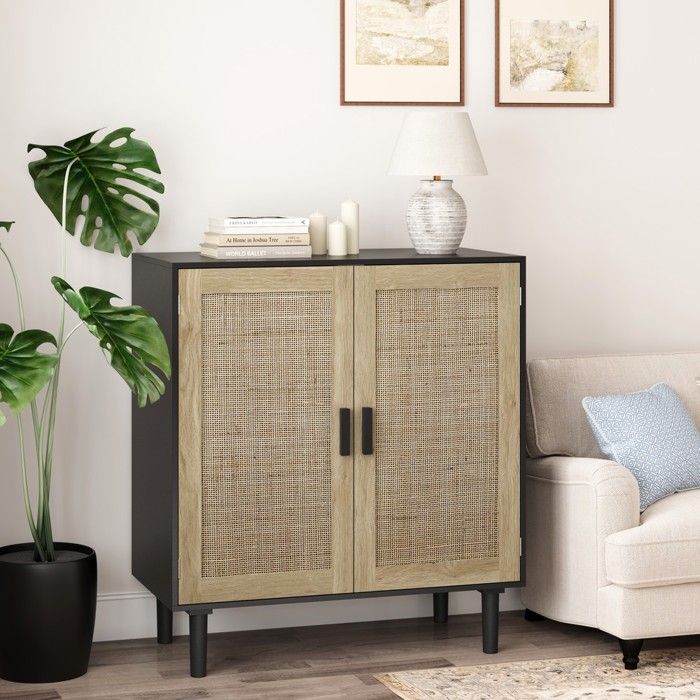 CollaHausse Armoire Rangement Rotin 2 Portes 80cm Salon Salle Manger Entrée Noir