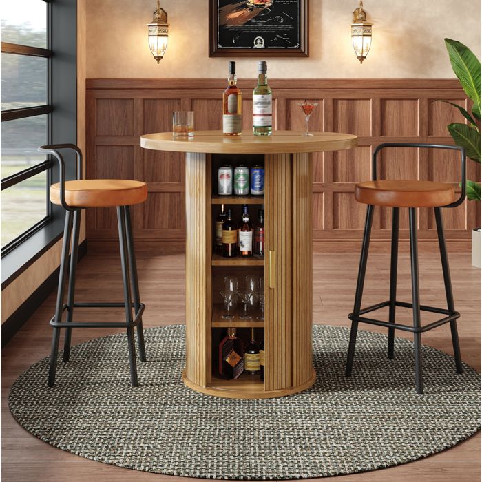 WOVREO Table de bar ronde 60x60x916 cm avec rangement 4 niveaux porte coulissante MDF aspect bois