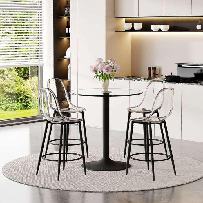 WOVREO ensemble bar table haute ronde 89 cm avec 4 tabourets verre transparent et métal noir