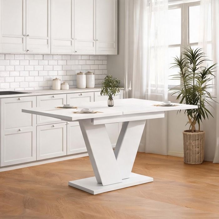 Table à manger extensible rectangulaire 160 x 80 cm 4-6 personnes MDF blanc pieds métal en V Table à manger extensible rectangulaire 160 x 80 cm 4-6 personnes MDF blanc pieds métal en V
