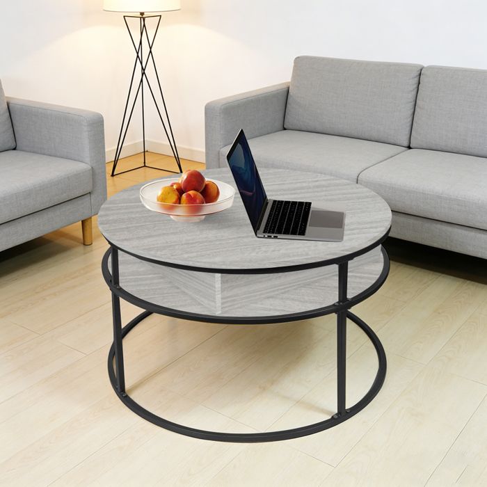 OHMG-Table Basse Ronde Réglable En Hauteur-Pour Bureaux Et Salons-Espace De Rangement Intégré+Étagère-Couleur Bois Clair