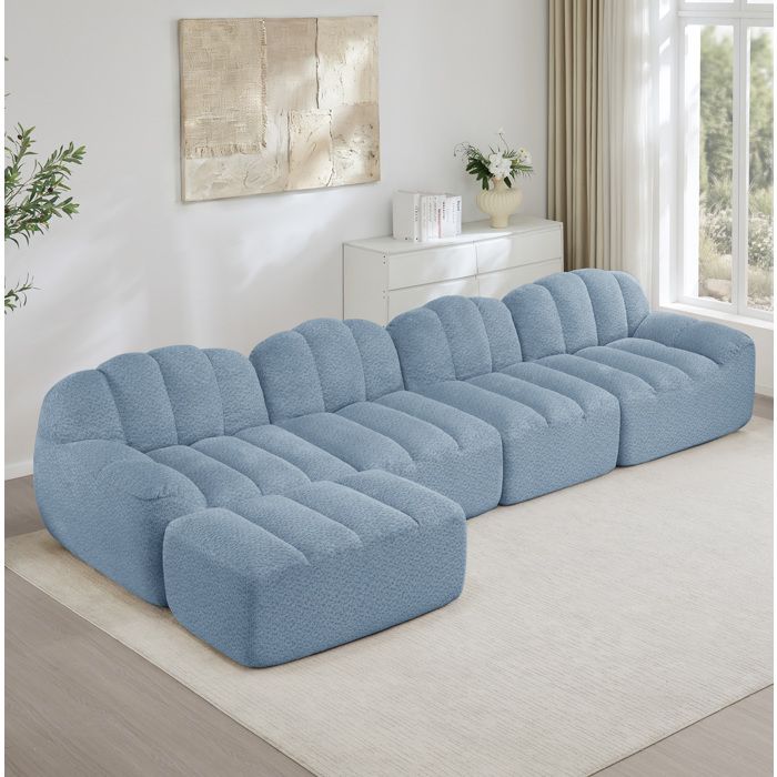 Canapé Modulaire 4 Places avec Ottoman et Angle Réversible - ELVMI - Forme Coquillage Sans Structure Polaire Granulée Bleu