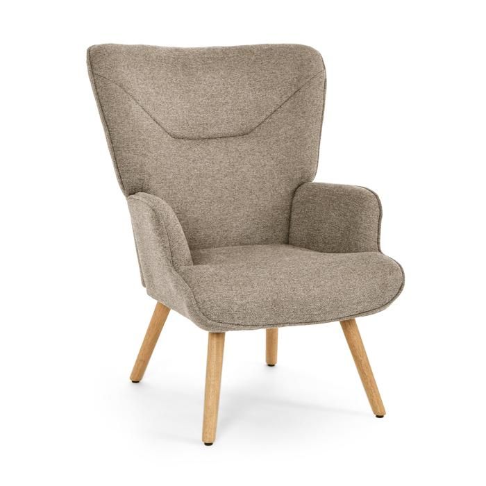 GOEURVANT Fauteuil Lounge Scandinave Tissu Texturé Sable Dossier Haut Salon Pieds Bois Confortable à Accoudoirs
