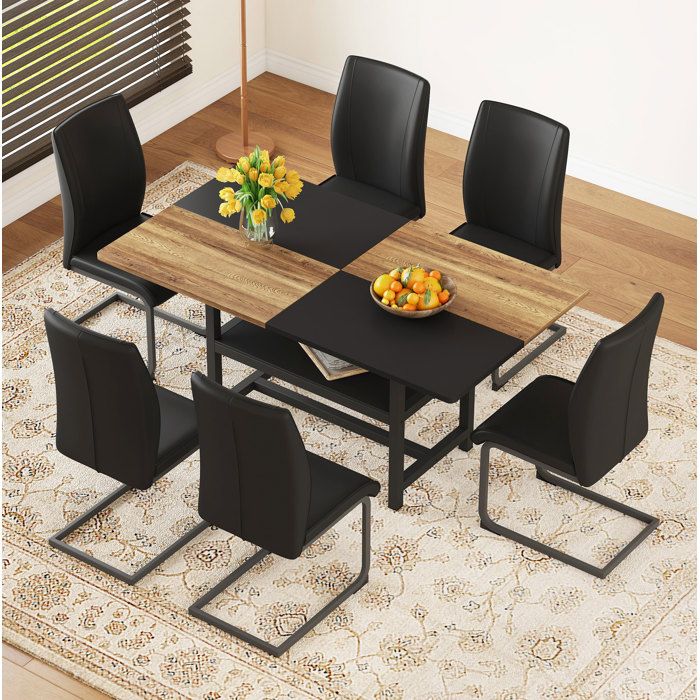 Ensemble table a manger rectangulaire 160x90x76 cm avec 6 chaises noires en simili cuir et etagere integree