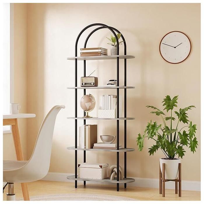 Bibliothèque arc métal 5 niveaux 71 noir gris graphite étagères réglables salon bureau