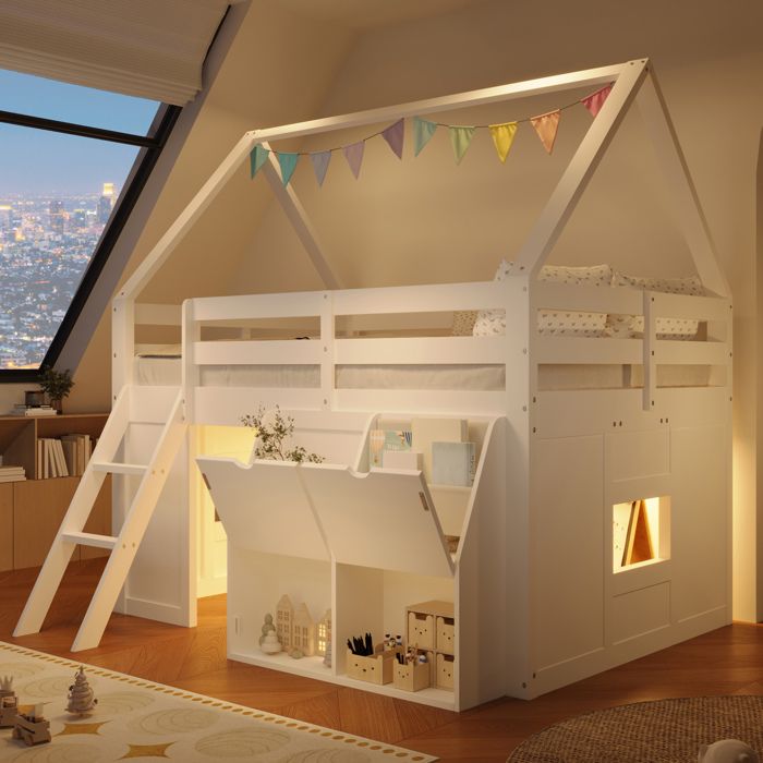 Lit mezzanine enfant 140×200 cm LED coffres à abattant et poches en tissu - BEAUNIV - sans matelas bois - blanc