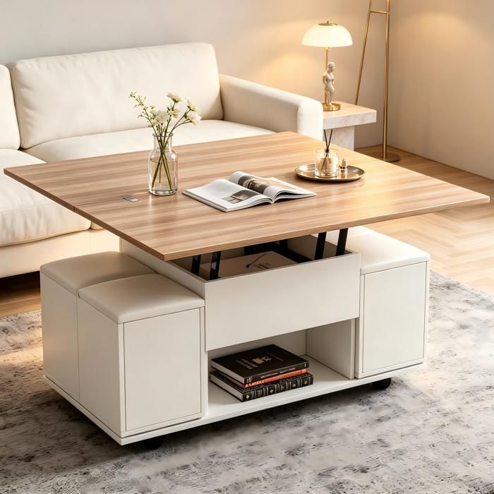 WOVREO Table basse relevable 3 en 1 100 x 50 x 48 cm avec rangement 4 tabourets roulettes blanc et bois naturel