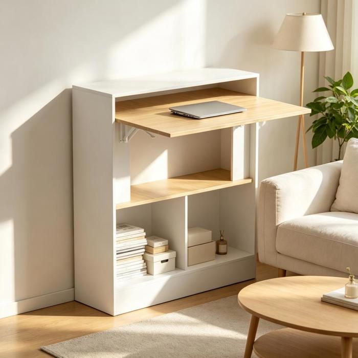Bureau Pliable Compact avec 4 Niveaux Table Scandinave Rabattable Multifonction Meuble de Rangement pour Salon Entrée Chambre